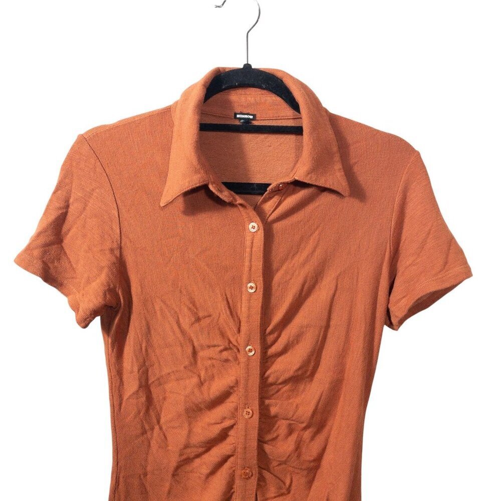 Monrow Burnt Orange Shirred Bodycon Polo Mini Dress S - Picture 4 of 10